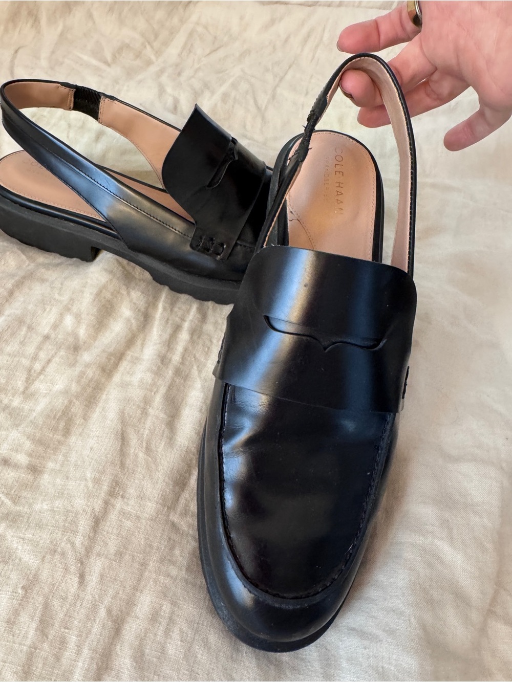 Cole Haan Black Leather Slingback Penny Loafers